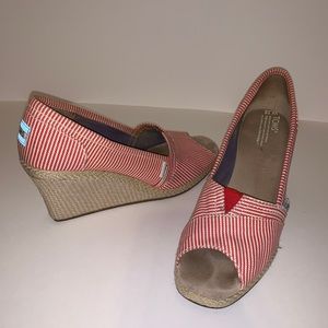 Tom’s Red Striped Open Toe Espadrille Wedge